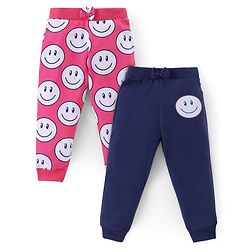 Babyhug Cotton Knit Full Length Lounge Pant with Smiley Print Pack of 2- Pink & Navy