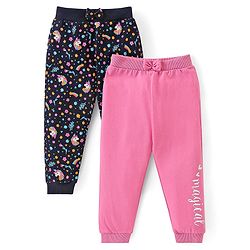 Babyhug Cotton Knit Lounge Pants Unicorn & Floral Print with Bow Applique  Pack of 2 - Multicolour