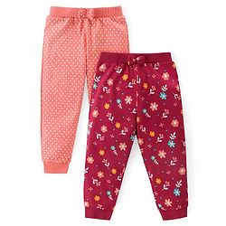 Babyhug Cotton Knit Full Length  Lounge Pants Polka Dots & Floral Printed with Bow Applique Pack of 2 - Multicolour