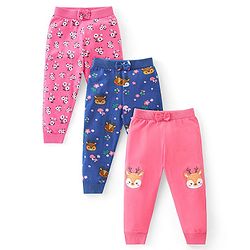 Babyhug Cotton Knit Full Length Lounge Pants Floral & Deer Print with Bow Detailing Pack of 3 - Multicolour