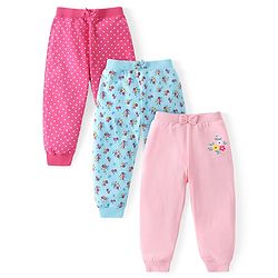 Babyhug Cotton Knit Full Length Lounge Pants Polka Dots & Floral Print with Bow Detailing Pack of 3 - Pink & Blue