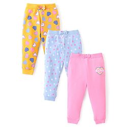 Babyhug Cotton Knit Full Length Lounge Pants Polka Dots & Hearts Printed with Bow Applique Pack of 3 - Multicolour
