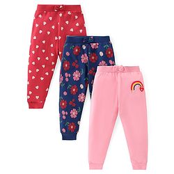 Babyhug Cotton Knit Full Length Lounge  Pants Hearts & Floral Print with Bow Applique Pack of 3 - Multicolour