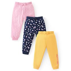 Babyhug Cotton Knit Full Length Lounge Pants Floral & Polka Dots Print with Bow Applique Pack of 3 - Multicolour