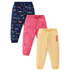 Babyhug Cotton Knit Full  Length Lounge Pants Star Print with Bow Applique Pack of 3 - Multicolour