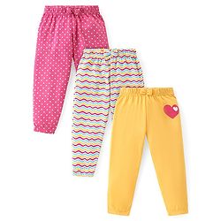 Babyhug Cotton Knit Full Length Striped Lounge Pants Heart Print with Bow Detailing Pack of 3 - Multicolour