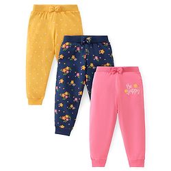 Babyhug Cotton Knit Full Length Lounge Pants Floral & Polka Dots Print with Bow Applique Pack of 3 - Multicolour