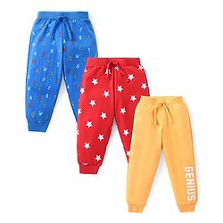 Babyhug Cotton Knit Full Length Lounge Pants with Text & Star Print Pack of 3 - Multicolour