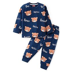 Babyhug Single Jersey Knit Full Sleeves Teddy Printed Night Suit - Navy Blue