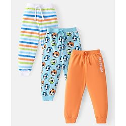 Babyhug Cotton Knit Full Length Striped Lounge Pants with Football Print Pack of 3 - Multicolour