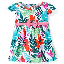 Babyhug Single Jersey Knit Half Sleeves Frock with Floral & Leafy Print with Bow Applique - White
