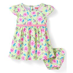 Babyhug Cotton Knit Half Sleeves Bow Detailing Floral Printed Frock with Bloomer - Lime Green