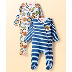 Babyhug Cotton Knit Full Sleeves Striped Sleepsuit With Animal Print Pack Of 2 - Multicolor