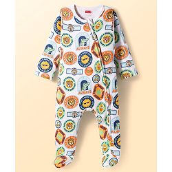 Babyhug Cotton Knit Full Sleeves Striped Sleepsuit With Animal Print Pack Of 2 - Multicolor