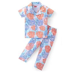 Babyhug Cotton Knit Half Sleeves Night Suit With Leaf Print - Multicolor