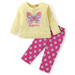 Babyhug Cotton Knit Full Sleeves Butterfly & Floral Print Night Suit - Yellow & Pink