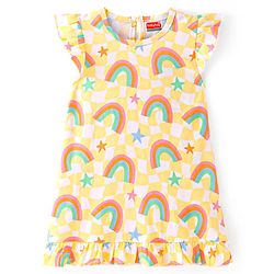 Babyhug Cotton Flutter Sleeves Nighty With Rainbow Print - Yellow