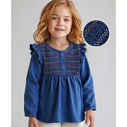 Babyhug Cotton Knit Full Sleeves Top with Smocking Detailing - Navy Blue