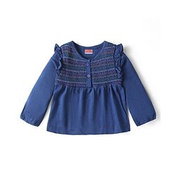 Babyhug Cotton Knit Full Sleeves Top with Smocking Detailing - Navy Blue