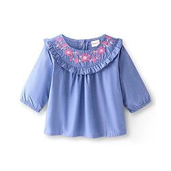 Babyhug Rayon Knit Three Fourth Sleeve Top with Floral Embroidery- Blue