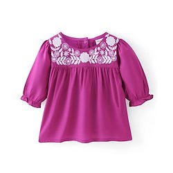 Babyhug Rayon Three Fourth Sleeves A Line Top with Floral Embroidery - Dark Pink