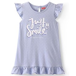 Babyhug Cotton Knit Flutter Sleeves Nighty With Text Print - Blue