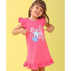 Babyhug Cotton Flutter Sleeves Nighty With Floral Print - Pink