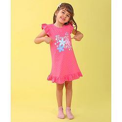 Babyhug Cotton Flutter Sleeves Nighty With Floral Print - Pink