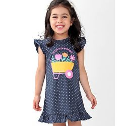 Babyhug Cotton Flutter Sleeves Nighty With Floral Print - Navy Blue