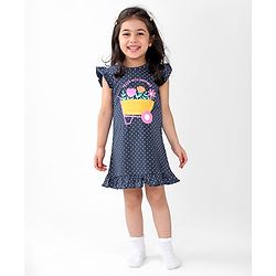 Babyhug Cotton Flutter Sleeves Nighty With Floral Print - Navy Blue