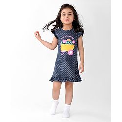 Babyhug Cotton Flutter Sleeves Nighty With Floral Print - Navy Blue
