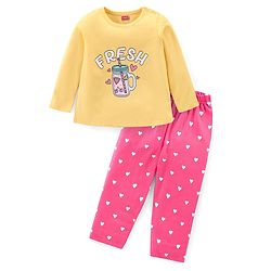 Babyhug Cotton Knit Full Sleeves Night Suit with Text & Hearts Print - Yellow & Pink