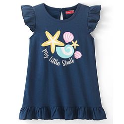 Babyhug Cotton Flutter Sleeves Nighty With Beach Print - Navy Blue