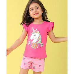 Babyhug Cotton Flutter Sleeves Night Suit With Unicorn And Floral  Print - Pink