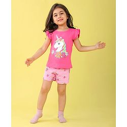 Babyhug Cotton Flutter Sleeves Night Suit With Unicorn And Floral  Print - Pink