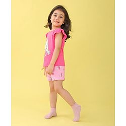 Babyhug Cotton Flutter Sleeves Night Suit With Unicorn And Floral  Print - Pink
