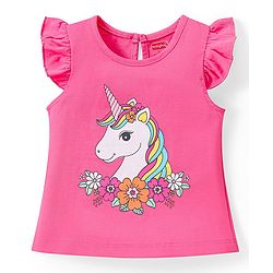 Babyhug Cotton Flutter Sleeves Night Suit With Unicorn And Floral  Print - Pink