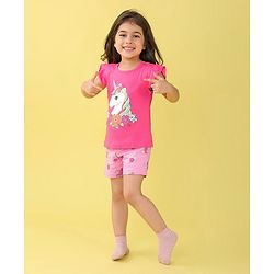 Babyhug Cotton Flutter Sleeves Night Suit With Unicorn And Floral  Print - Pink