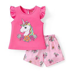 Babyhug Cotton Flutter Sleeves Night Suit With Unicorn And Floral  Print - Pink