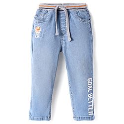 Babyhug Full Length Washed Denim Jeans With Text Print - Light Blue