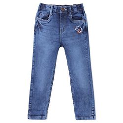 Babyhug Full Length Solid Denim Jeans With Rocket Embroidery - Blue