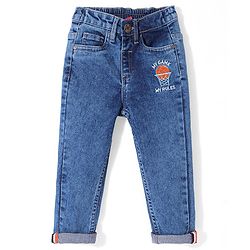 Babyhug  Full Length Stretchable Denim Washed Jeans with Basketball Embroidered - Blue