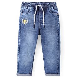 Babyhug Full Length Stretchable Denim Washed Jeans with Trophy Embroidery - Blue