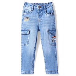 Babyhug Denim Stretchable Washed Full Length Jeans with Cargo Pockets & Text Embroidery- Blue