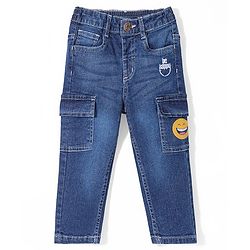Babyhug Full Length Stretchable Denim Washed Jeans with Smiley Print - Blue