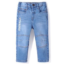 Babyhug Cotton Full Length Washed Denim Jeans with Stretch & Text Print - Blue