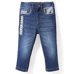 Babyhug Denim Full Length With Stretch Washed Jeans Text Print - Blue