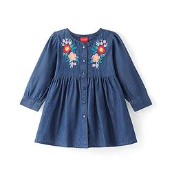 Babyhug Denim Woven Full Sleeves Frock With Floral Embroidery - Blue