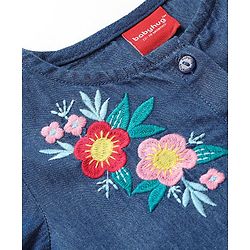 Babyhug Denim Woven Full Sleeves Frock With Floral Embroidery - Blue