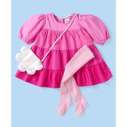 Babyhug Poplin Woven Half Volume Sleeves Frock With Sling & Legging - Pink